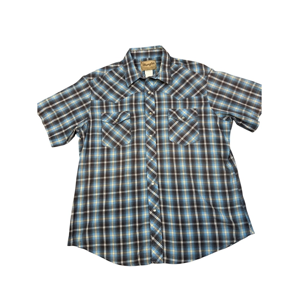 Wrangler Mens Western Snap Shirt Blue Yellow Plaid Short Sleeve XL - Picture 2 of 7